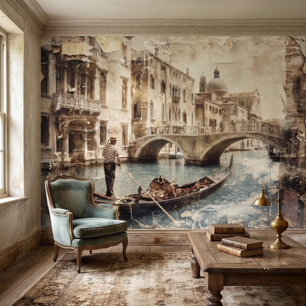 Venice Gondola Canal Peel and Stick Wall Mural, Vintage Sepia Bridge Cityscape, Italian Waterfront Travel Scene, Distressed Fresco Wallpaper
