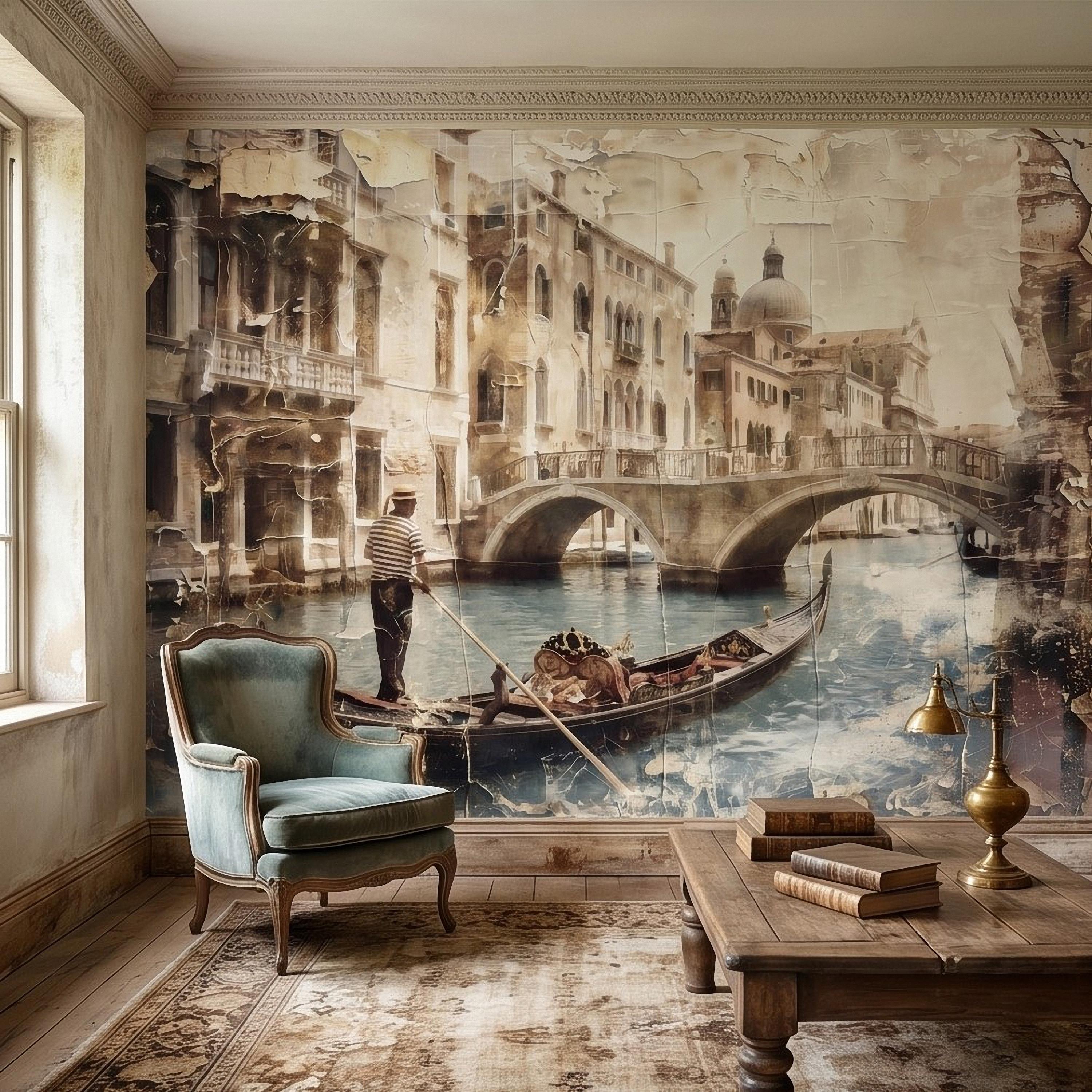 Venice Gondola Canal Peel and Stick Wall Mural, Vintage Sepia Bridge Cityscape, Italian Waterfront Travel Scene, Distressed Fresco Wallpaper
