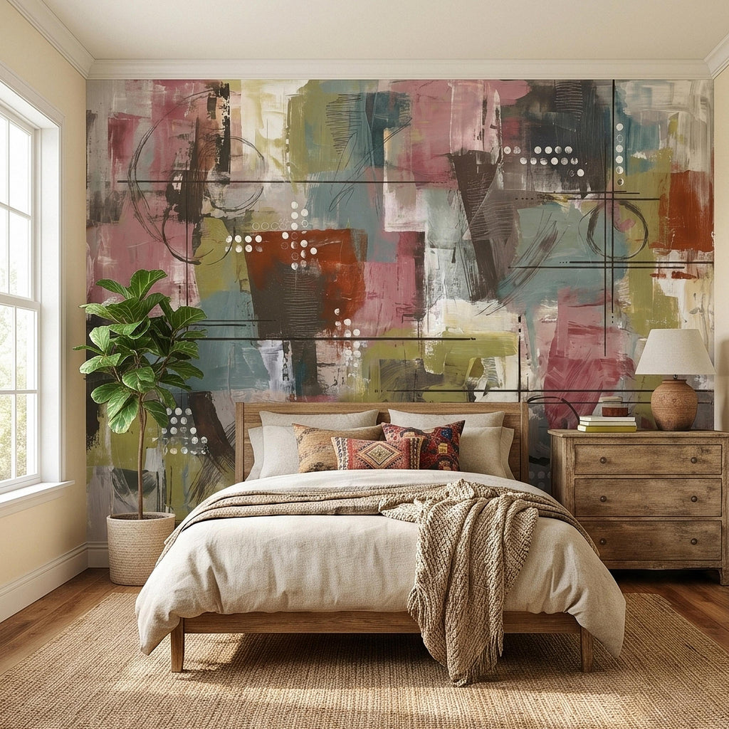 Abstract Geometric Peel and Stick Wall Mural, Mid Century Modern Color Block Painting, Blush Pink Teal Olive Rust Textured Wallpaper