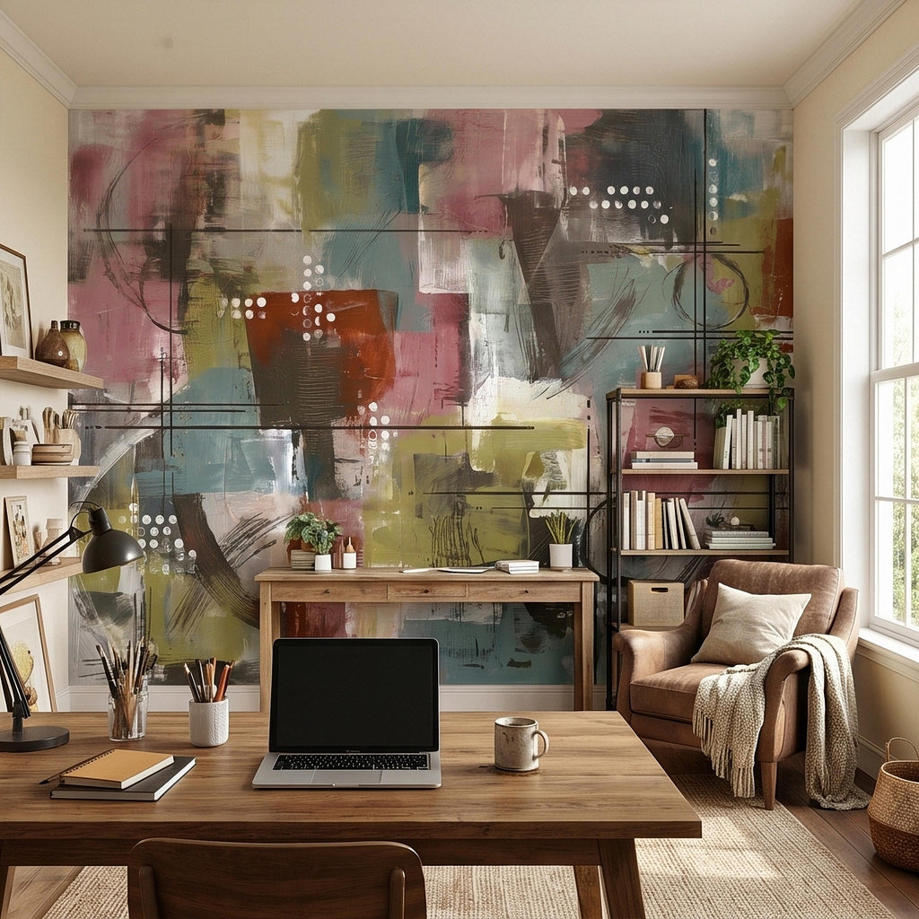 Abstract Geometric Peel and Stick Wall Mural, Mid Century Modern Color Block Painting, Blush Pink Teal Olive Rust Textured Wallpaper