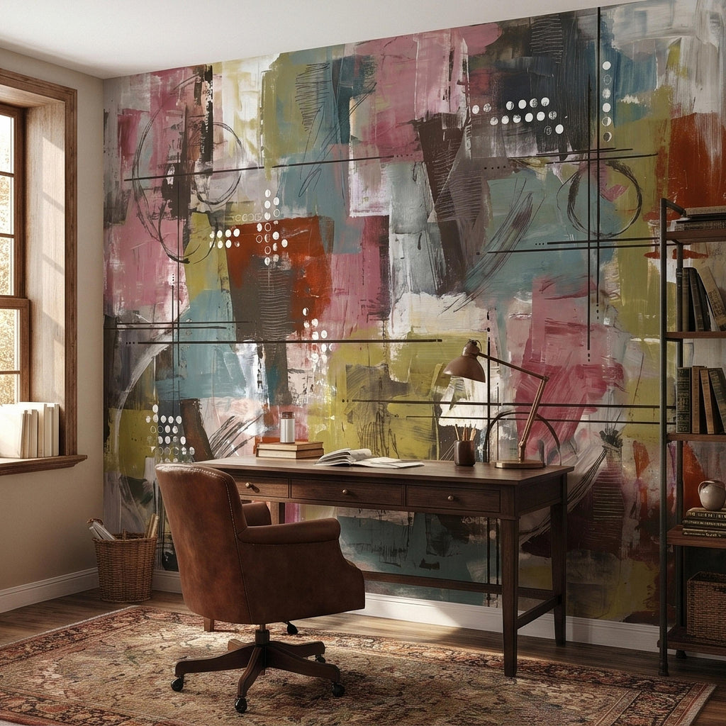 Abstract Geometric Peel and Stick Wall Mural, Mid Century Modern Color Block Painting, Blush Pink Teal Olive Rust Textured Wallpaper