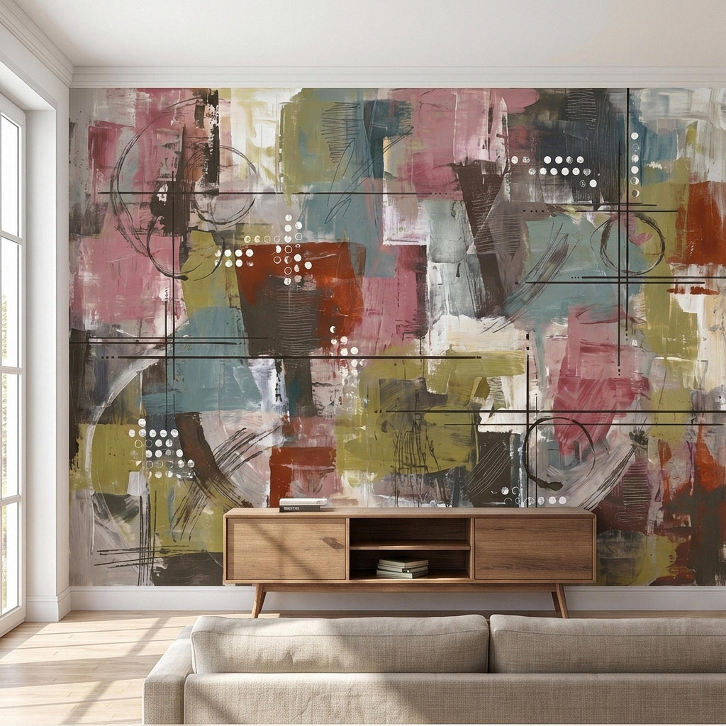 Abstract Geometric Peel and Stick Wall Mural, Mid Century Modern Color Block Painting, Blush Pink Teal Olive Rust Textured Wallpaper