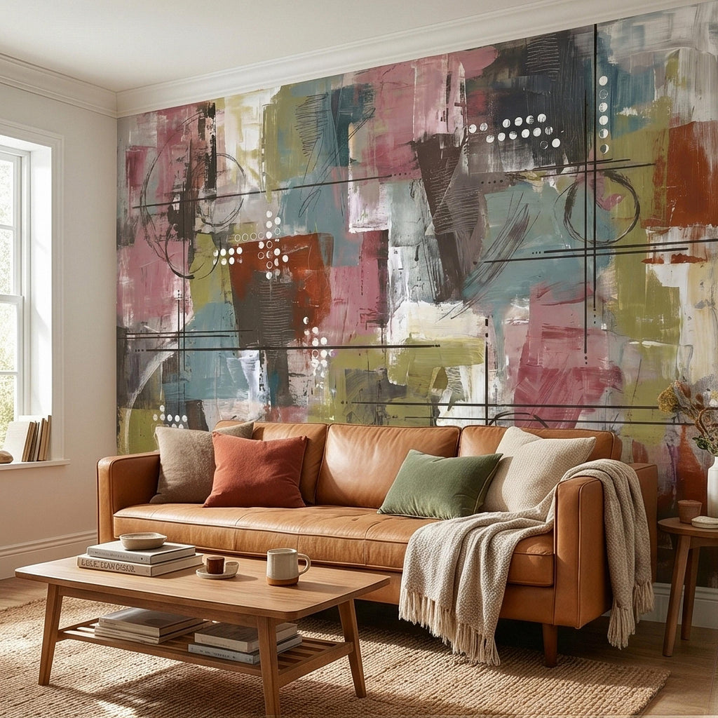 Abstract Geometric Peel and Stick Wall Mural, Mid Century Modern Color Block Painting, Blush Pink Teal Olive Rust Textured Wallpaper