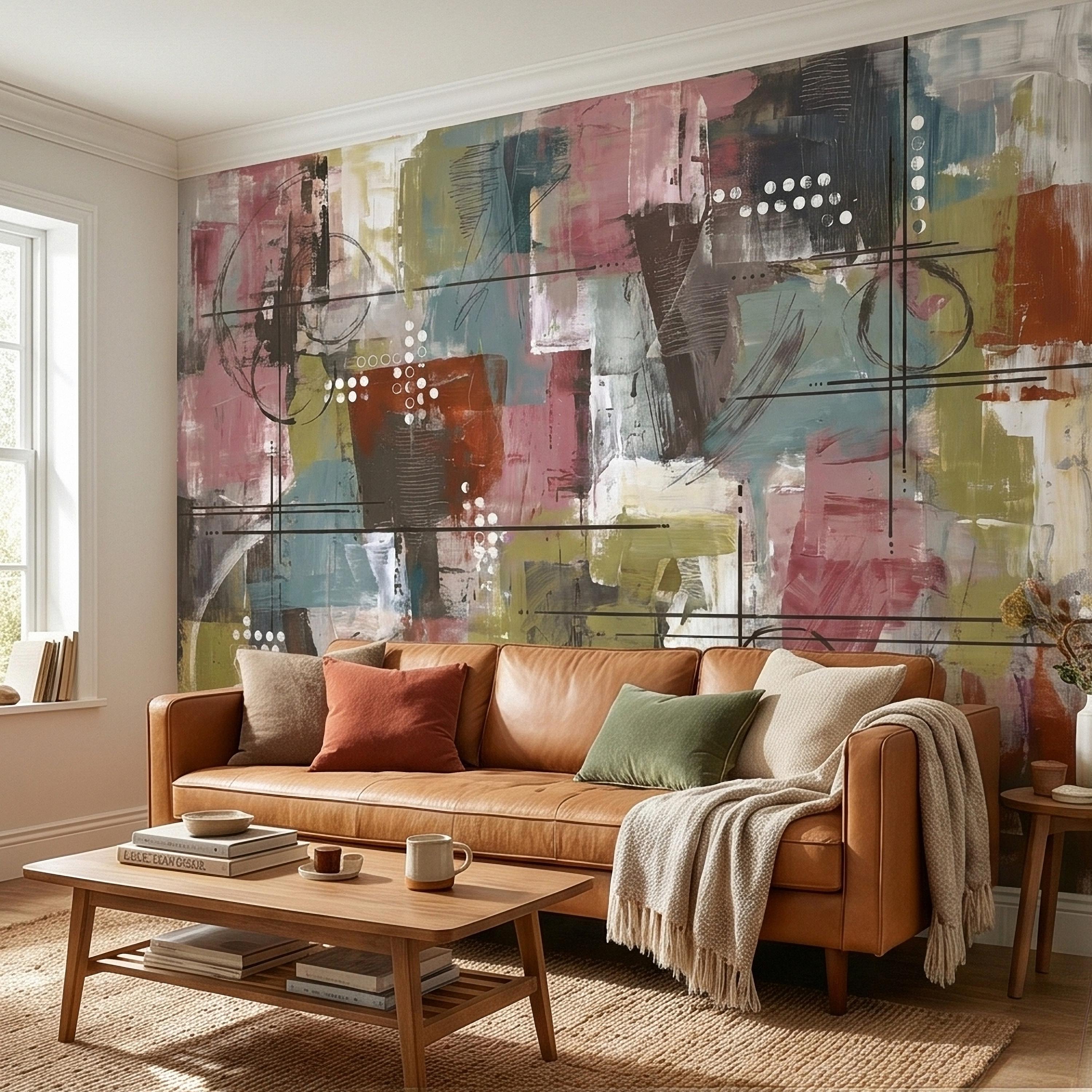 Abstract Geometric Peel and Stick Wall Mural, Mid Century Modern Color Block Painting, Blush Pink Teal Olive Rust Textured Wallpaper