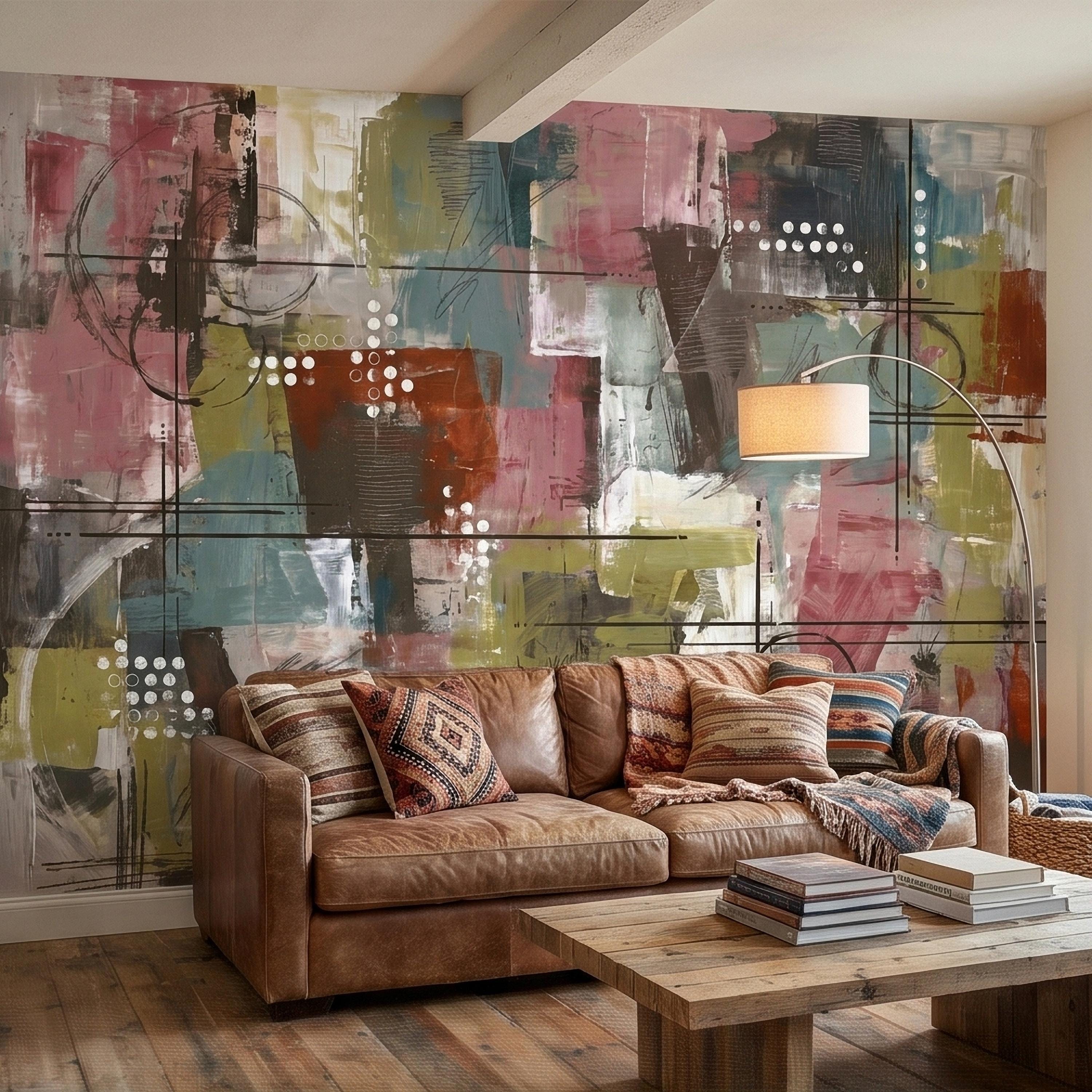 Abstract Geometric Peel and Stick Wall Mural, Mid Century Modern Color Block Painting, Blush Pink Teal Olive Rust Textured Wallpaper