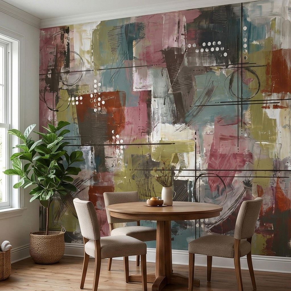 Abstract Geometric Peel and Stick Wall Mural, Mid Century Modern Color Block Painting, Blush Pink Teal Olive Rust Textured Wallpaper