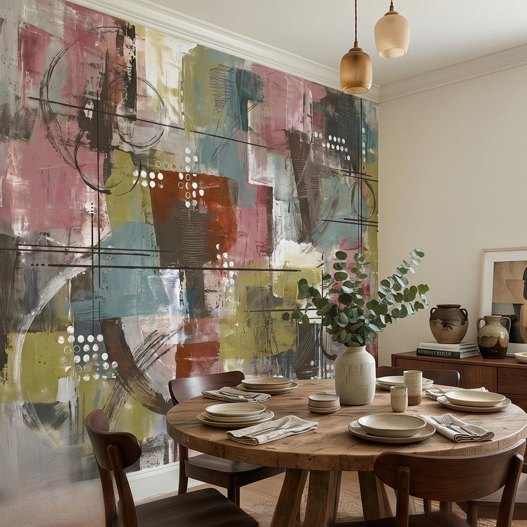 Abstract Geometric Peel and Stick Wall Mural, Mid Century Modern Color Block Painting, Blush Pink Teal Olive Rust Textured Wallpaper