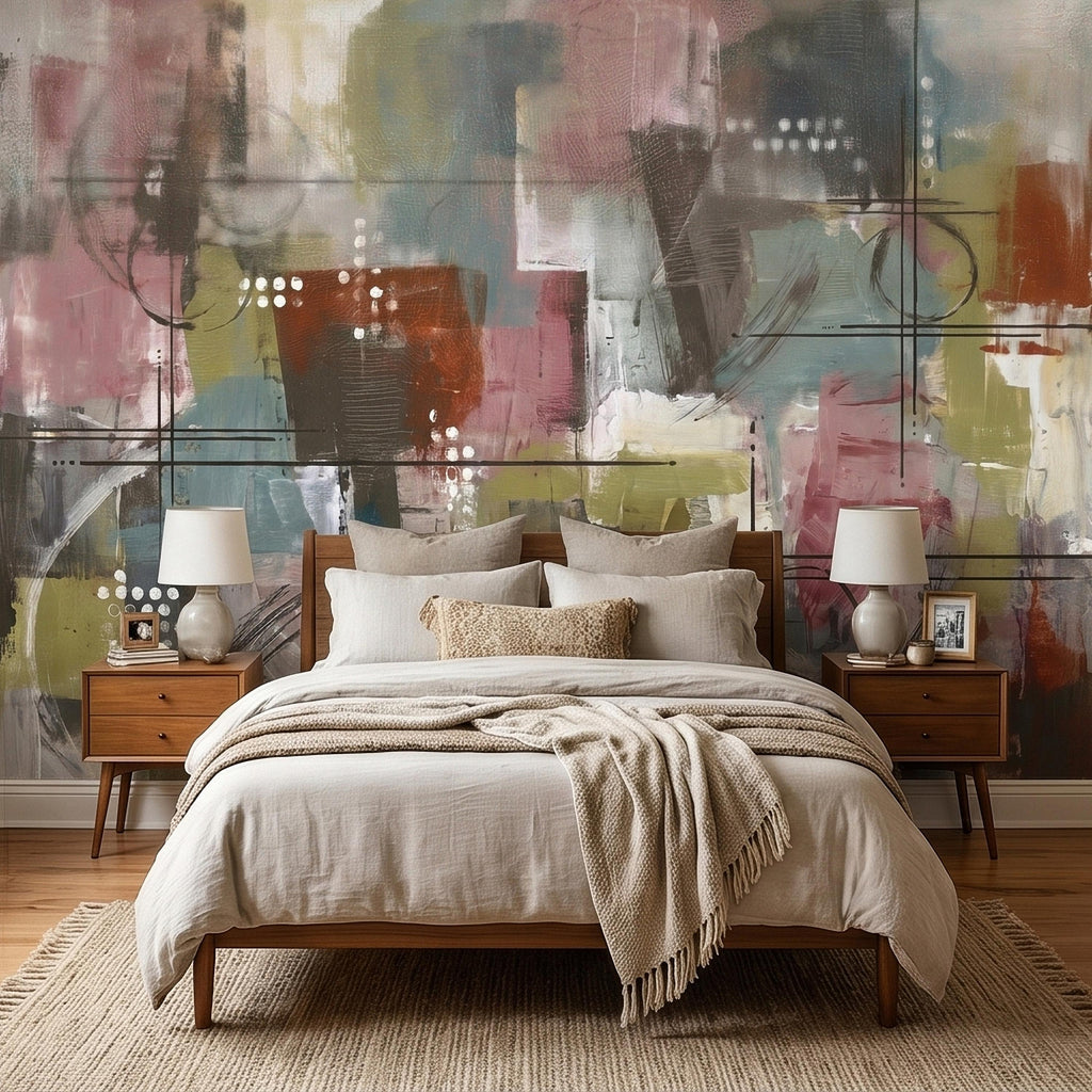 Abstract Geometric Peel and Stick Wall Mural, Mid Century Modern Color Block Painting, Blush Pink Teal Olive Rust Textured Wallpaper