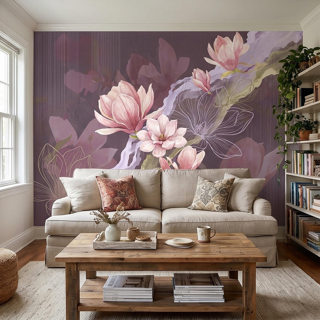 Pink Magnolia Watercolor Peel and Stick Wall Mural, Plum Purple Mauve Large Abstract Floral Line Drawing Modern Botanical Blossoms Wallpaper
