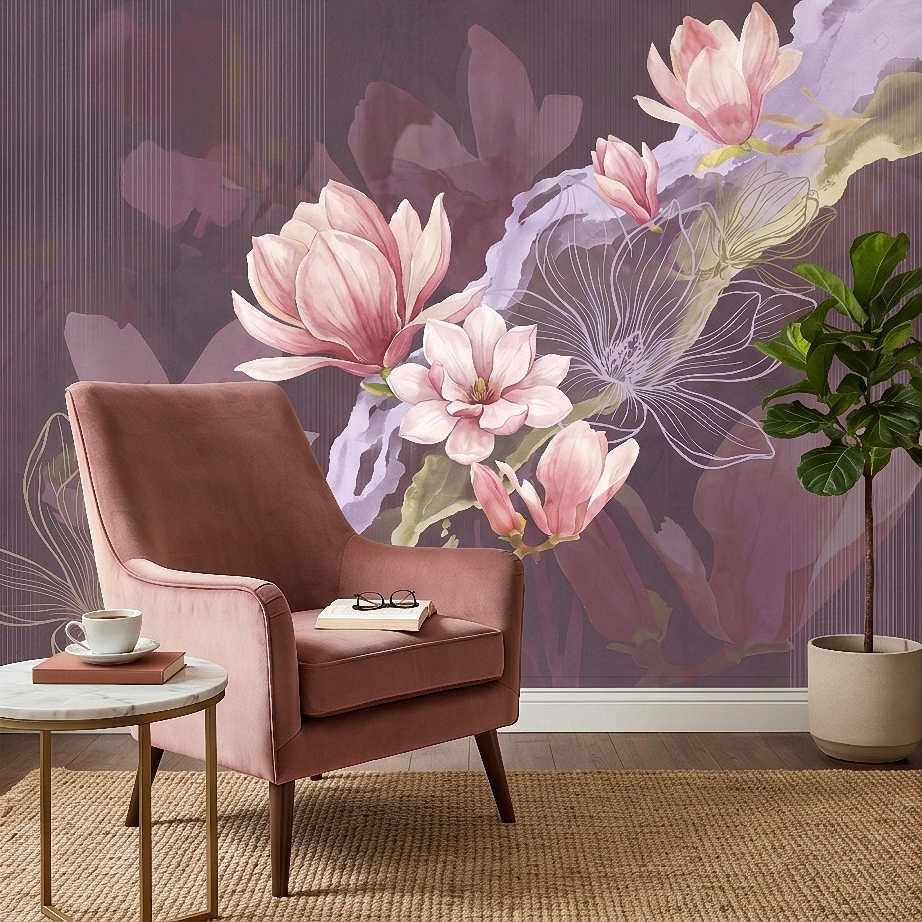 Pink Magnolia Watercolor Peel and Stick Wall Mural, Plum Purple Mauve Large Abstract Floral Line Drawing Modern Botanical Blossoms Wallpaper