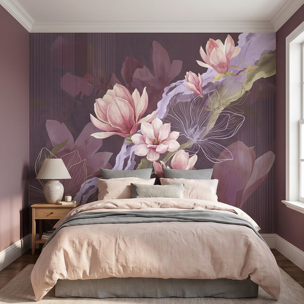 Pink Magnolia Watercolor Peel and Stick Wall Mural, Plum Purple Mauve Large Abstract Floral Line Drawing Modern Botanical Blossoms Wallpaper