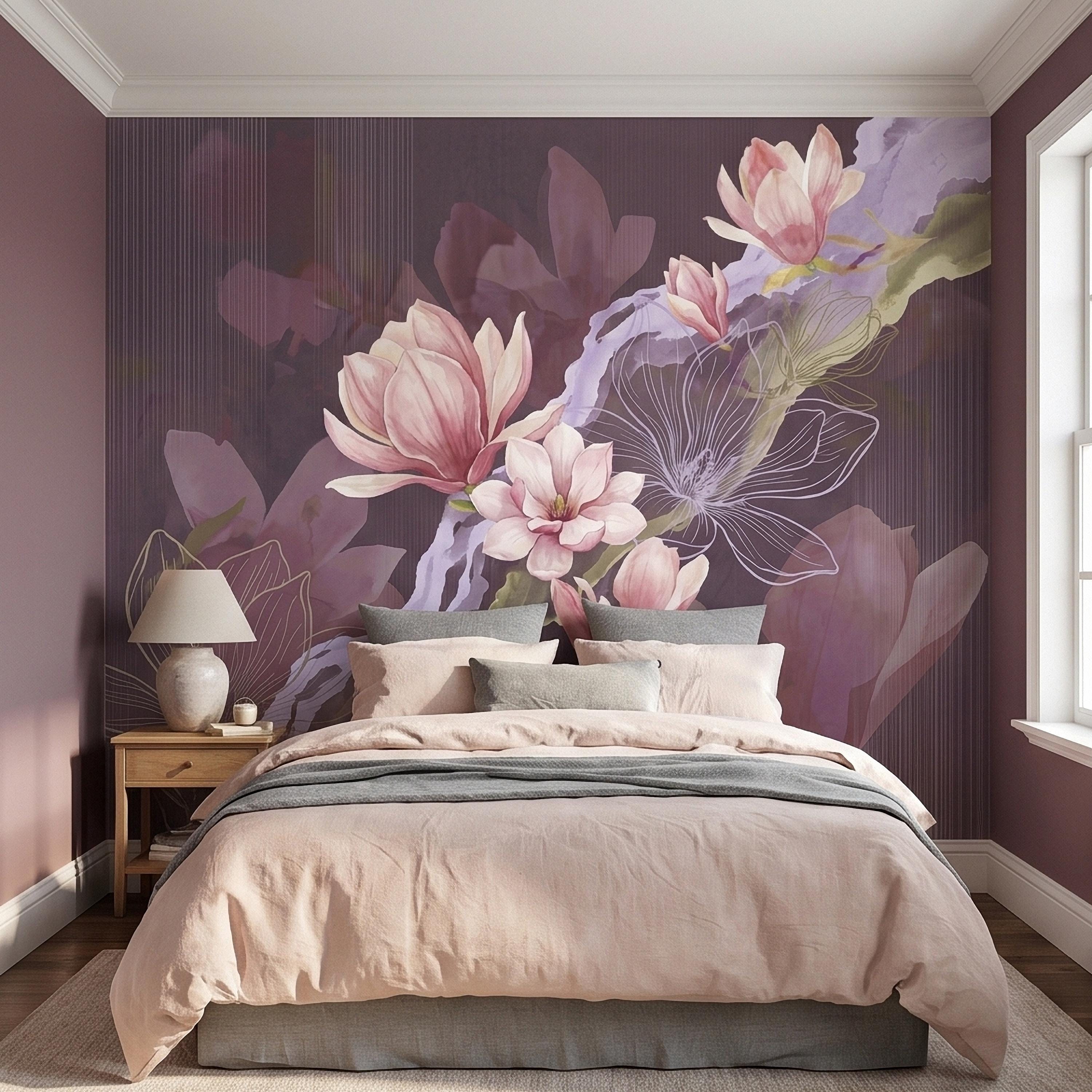 Pink Magnolia Watercolor Peel and Stick Wall Mural, Plum Purple Mauve Large Abstract Floral Line Drawing Modern Botanical Blossoms Wallpaper