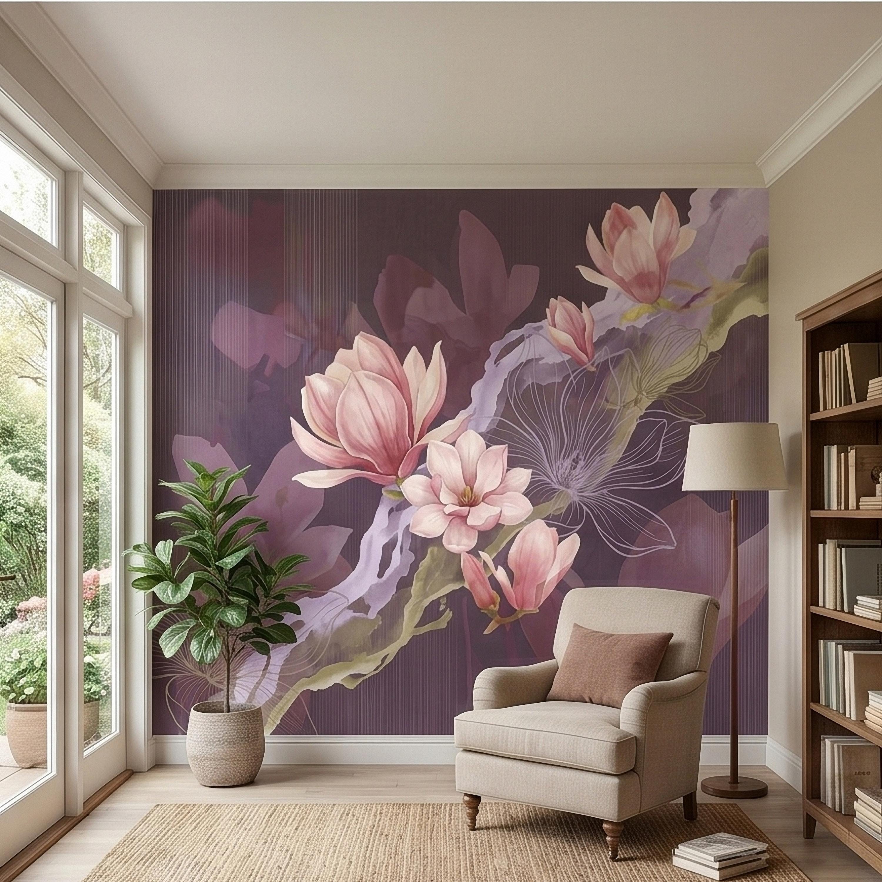 Pink Magnolia Watercolor Peel and Stick Wall Mural, Plum Purple Mauve Large Abstract Floral Line Drawing Modern Botanical Blossoms Wallpaper
