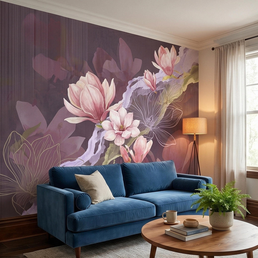 Pink Magnolia Watercolor Peel and Stick Wall Mural, Plum Purple Mauve Large Abstract Floral Line Drawing Modern Botanical Blossoms Wallpaper