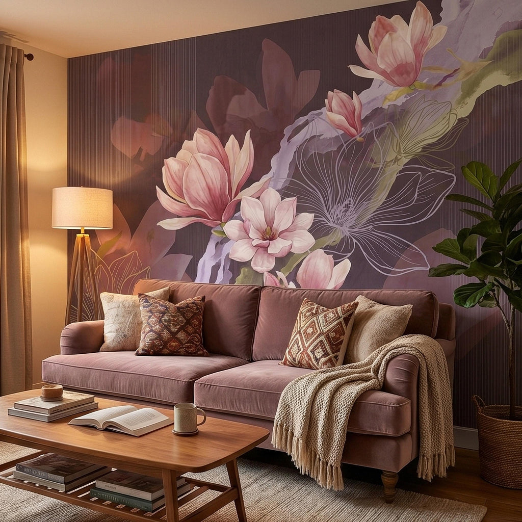 Pink Magnolia Watercolor Peel and Stick Wall Mural, Plum Purple Mauve Large Abstract Floral Line Drawing Modern Botanical Blossoms Wallpaper