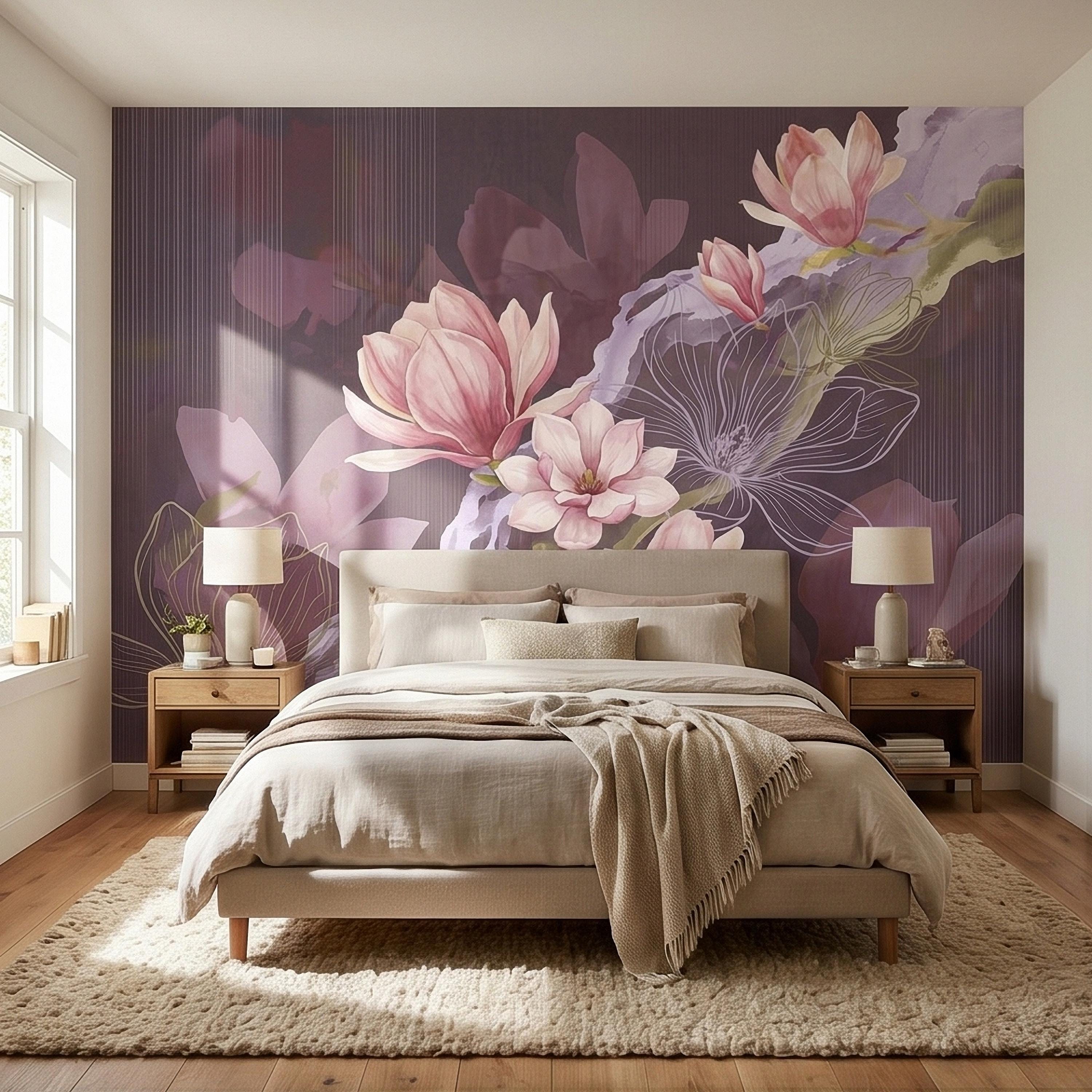 Pink Magnolia Watercolor Peel and Stick Wall Mural, Plum Purple Mauve Large Abstract Floral Line Drawing Modern Botanical Blossoms Wallpaper