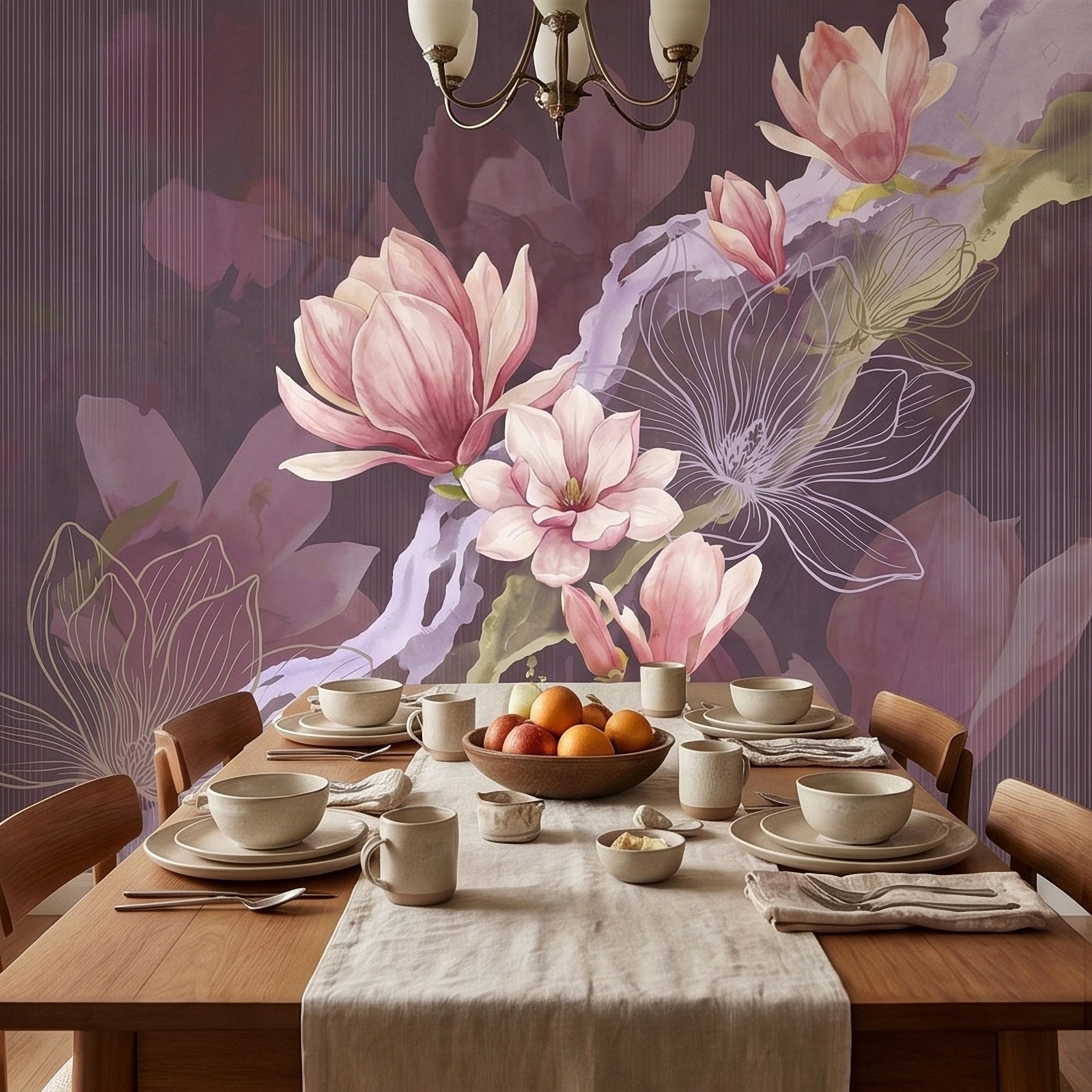 Pink Magnolia Watercolor Peel and Stick Wall Mural, Plum Purple Mauve Large Abstract Floral Line Drawing Modern Botanical Blossoms Wallpaper