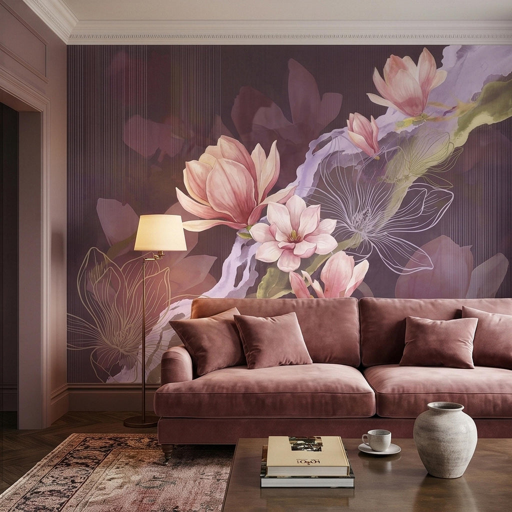 Pink Magnolia Watercolor Peel and Stick Wall Mural, Plum Purple Mauve Large Abstract Floral Line Drawing Modern Botanical Blossoms Wallpaper