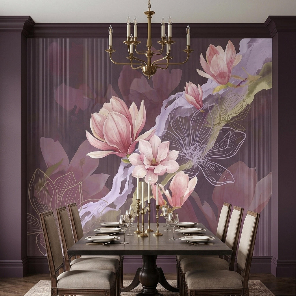 Pink Magnolia Watercolor Peel and Stick Wall Mural, Plum Purple Mauve Large Abstract Floral Line Drawing Modern Botanical Blossoms Wallpaper