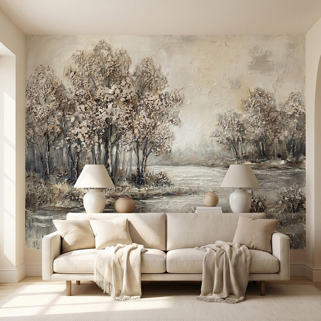 Neutral Textured Tree Landscape Peel and Stick Wall Mural, Impasto Oil Painting Riverbank Gray Beige Woodland Scene Modern Minimal Wallpaper