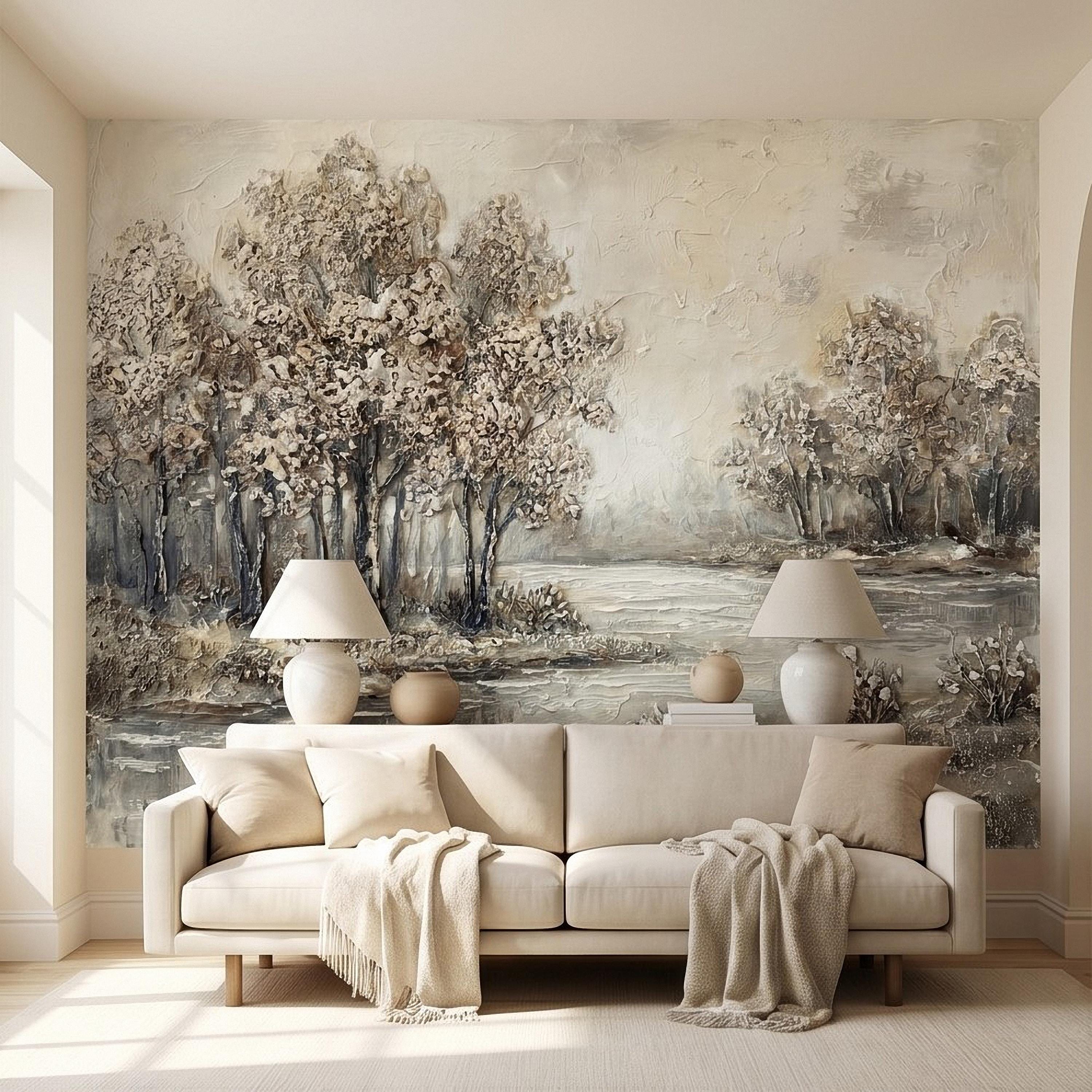 Neutral Textured Tree Landscape Peel and Stick Wall Mural, Impasto Oil Painting Riverbank Gray Beige Woodland Scene Modern Minimal Wallpaper