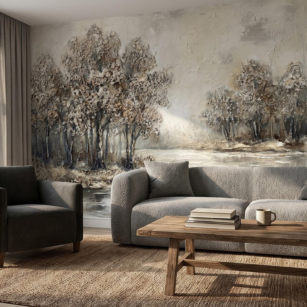 Neutral Textured Tree Landscape Peel and Stick Wall Mural, Impasto Oil Painting Riverbank Gray Beige Woodland Scene Modern Minimal Wallpaper