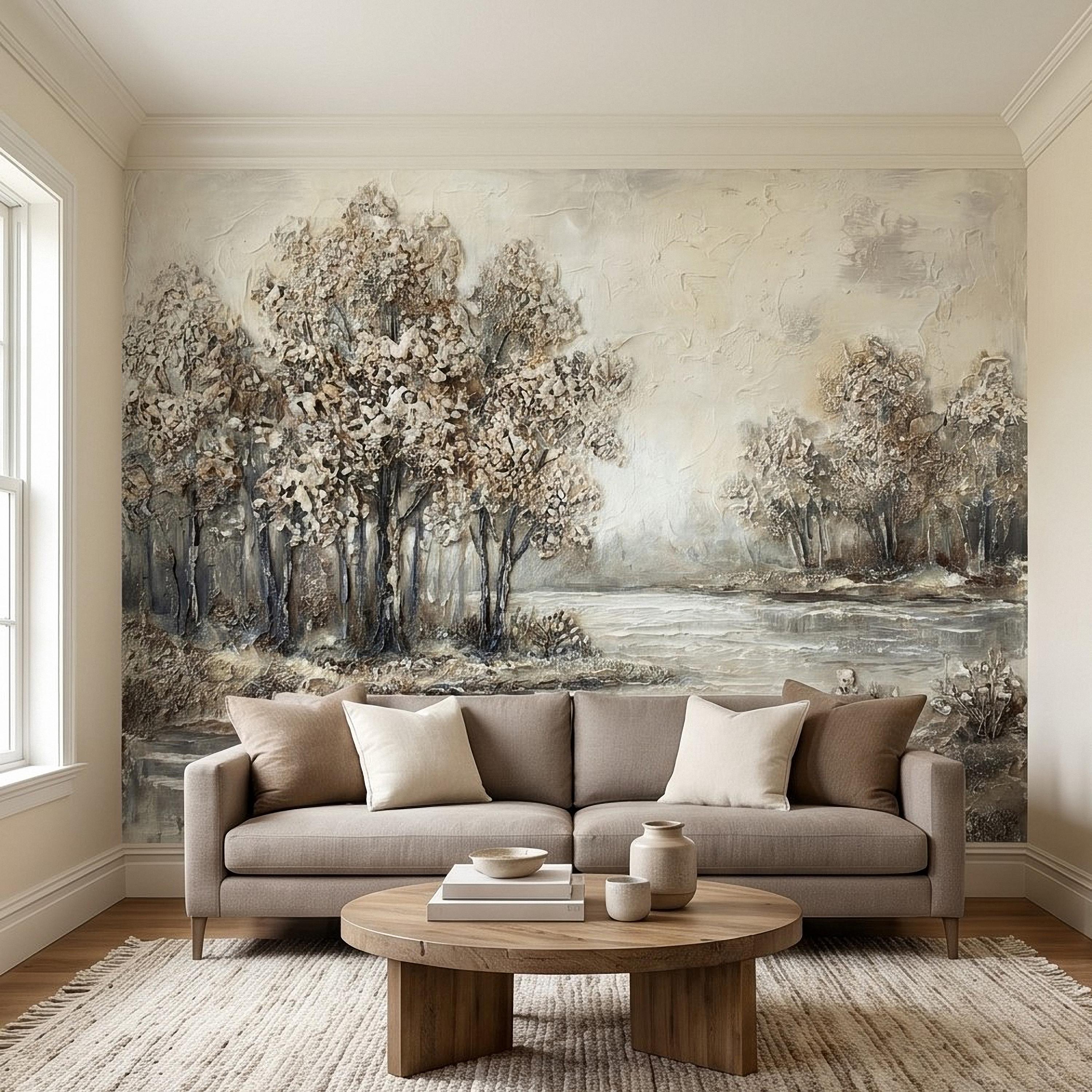 Neutral Textured Tree Landscape Peel and Stick Wall Mural, Impasto Oil Painting Riverbank Gray Beige Woodland Scene Modern Minimal Wallpaper