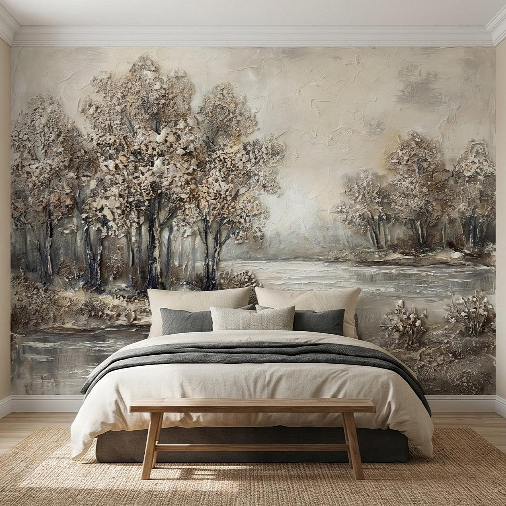 Neutral Textured Tree Landscape Peel and Stick Wall Mural, Impasto Oil Painting Riverbank Gray Beige Woodland Scene Modern Minimal Wallpaper