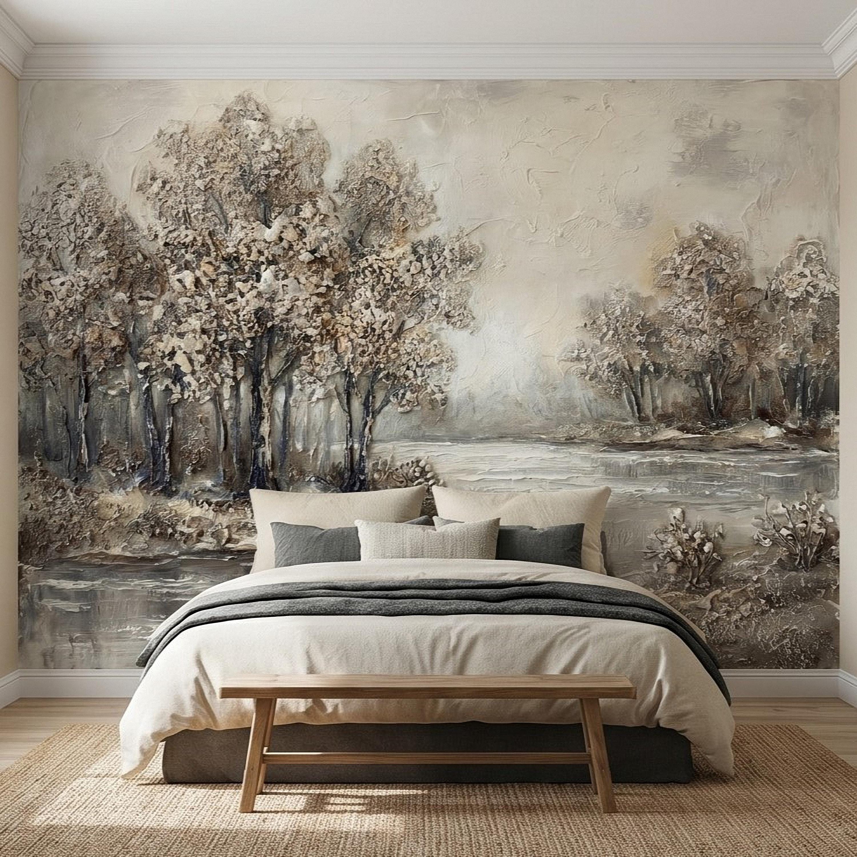 Neutral Textured Tree Landscape Peel and Stick Wall Mural, Impasto Oil Painting Riverbank Gray Beige Woodland Scene Modern Minimal Wallpaper