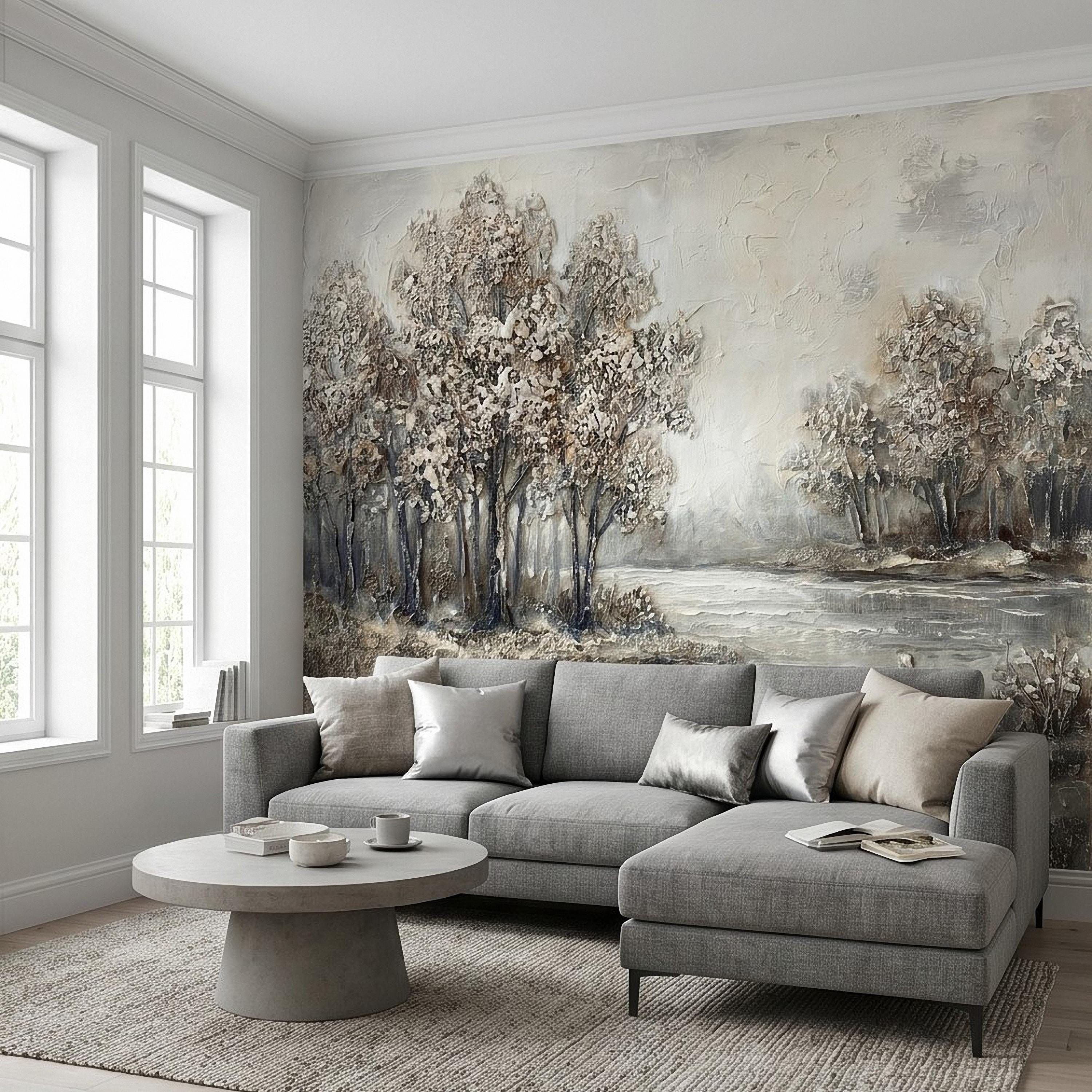 Neutral Textured Tree Landscape Peel and Stick Wall Mural, Impasto Oil Painting Riverbank Gray Beige Woodland Scene Modern Minimal Wallpaper