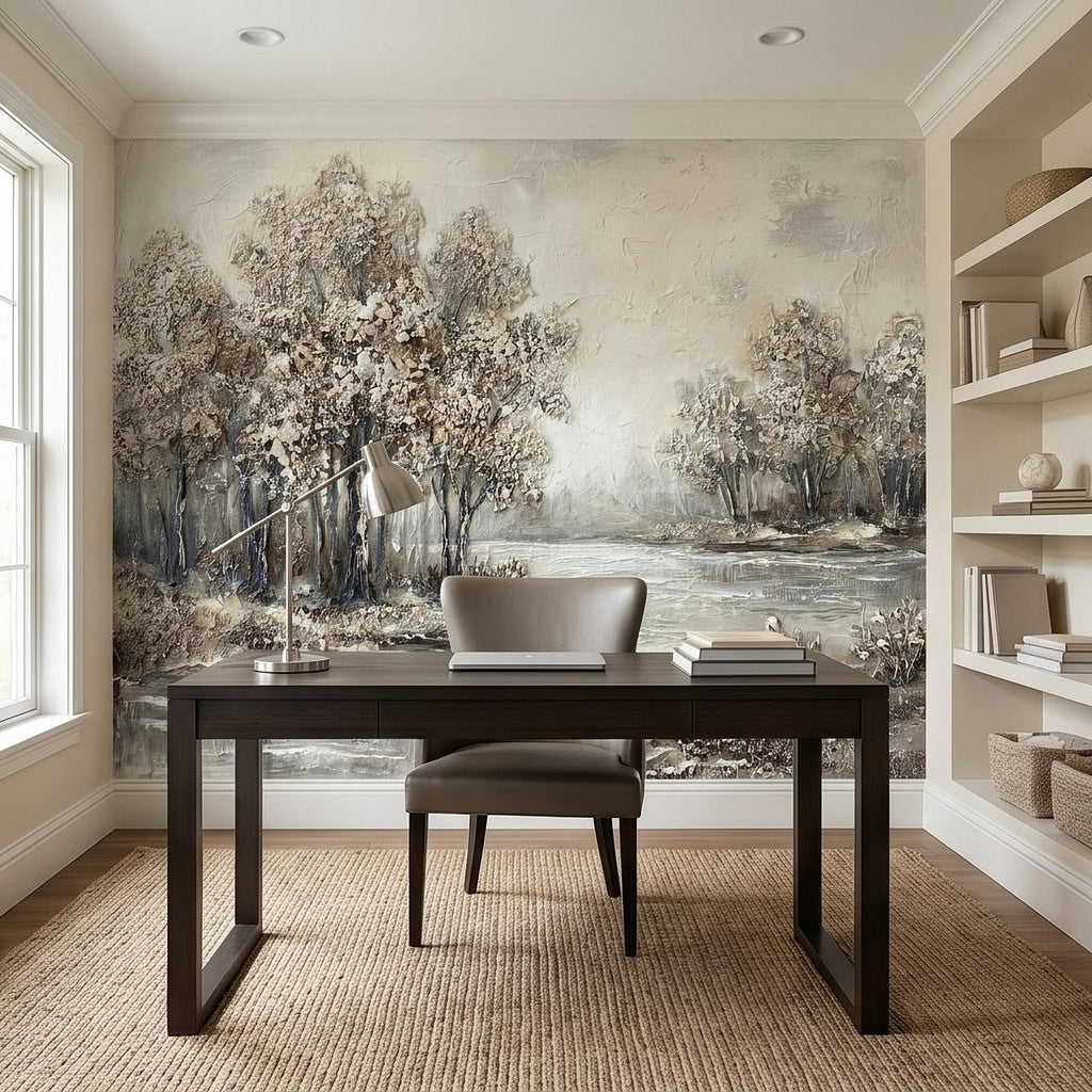 Neutral Textured Tree Landscape Peel and Stick Wall Mural, Impasto Oil Painting Riverbank Gray Beige Woodland Scene Modern Minimal Wallpaper