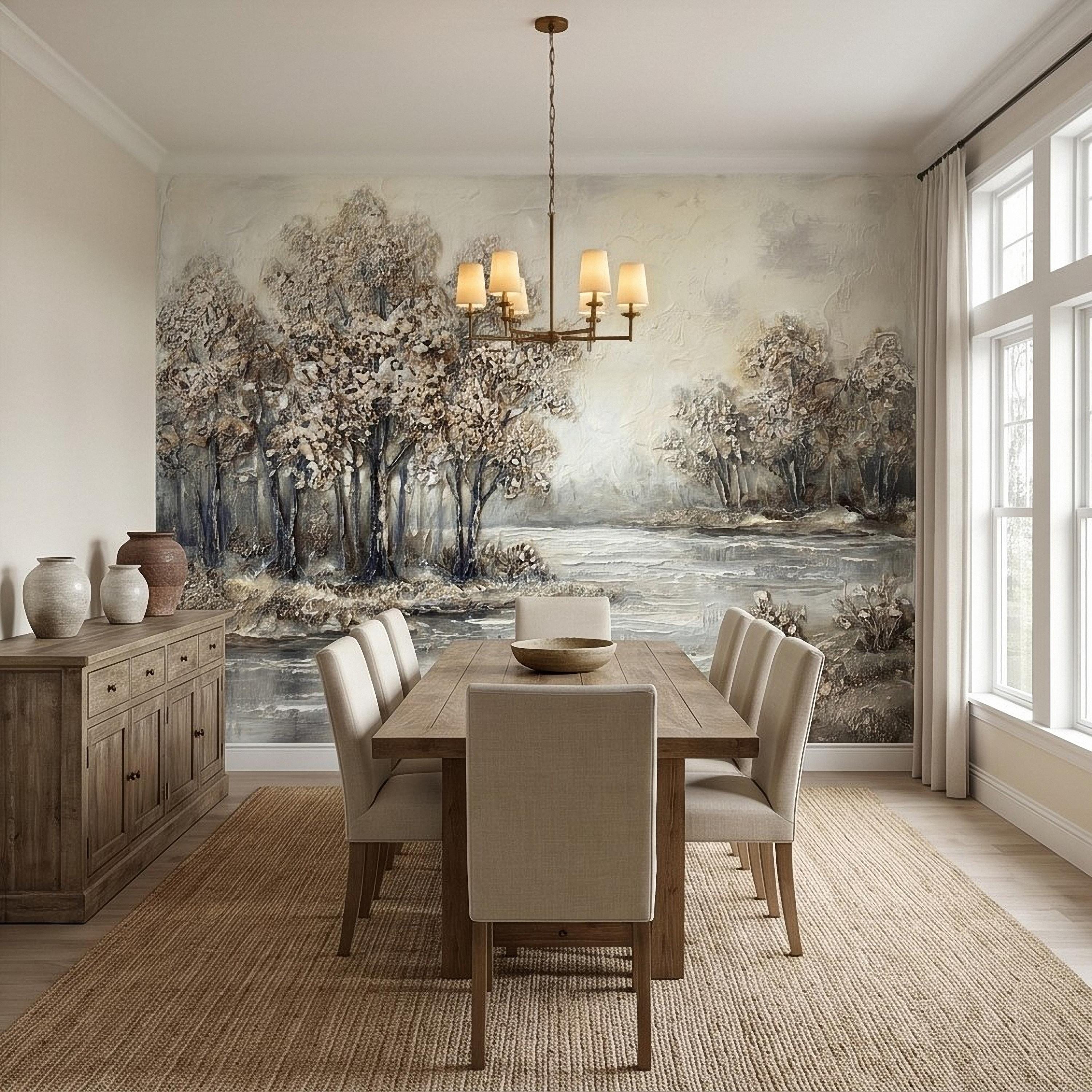 Neutral Textured Tree Landscape Peel and Stick Wall Mural, Impasto Oil Painting Riverbank Gray Beige Woodland Scene Modern Minimal Wallpaper
