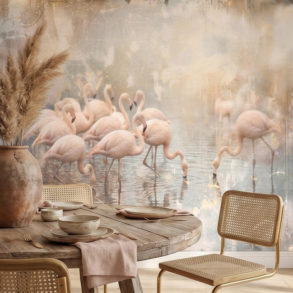 Pink Flamingo Flock Peel and Stick Wall Mural, Vintage Distressed Lagoon Birds on Water, Soft Blush Neutral Boho Coastal Chic Wallpaper