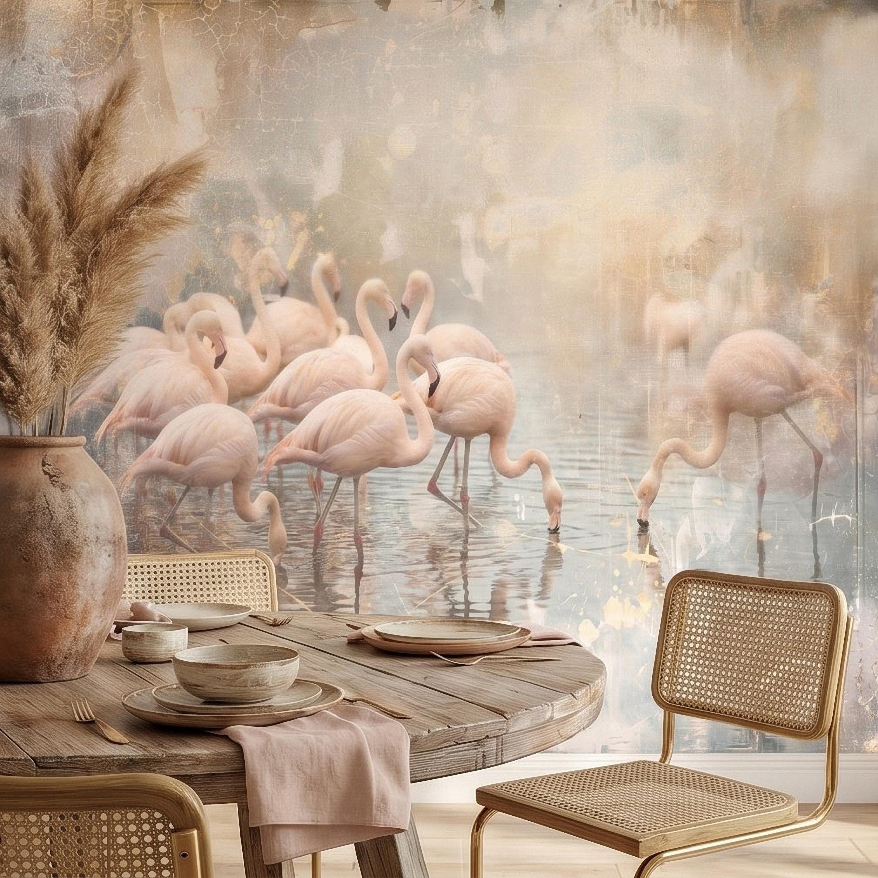 Pink Flamingo Flock Peel and Stick Wall Mural, Vintage Distressed Lagoon Birds on Water, Soft Blush Neutral Boho Coastal Chic Wallpaper