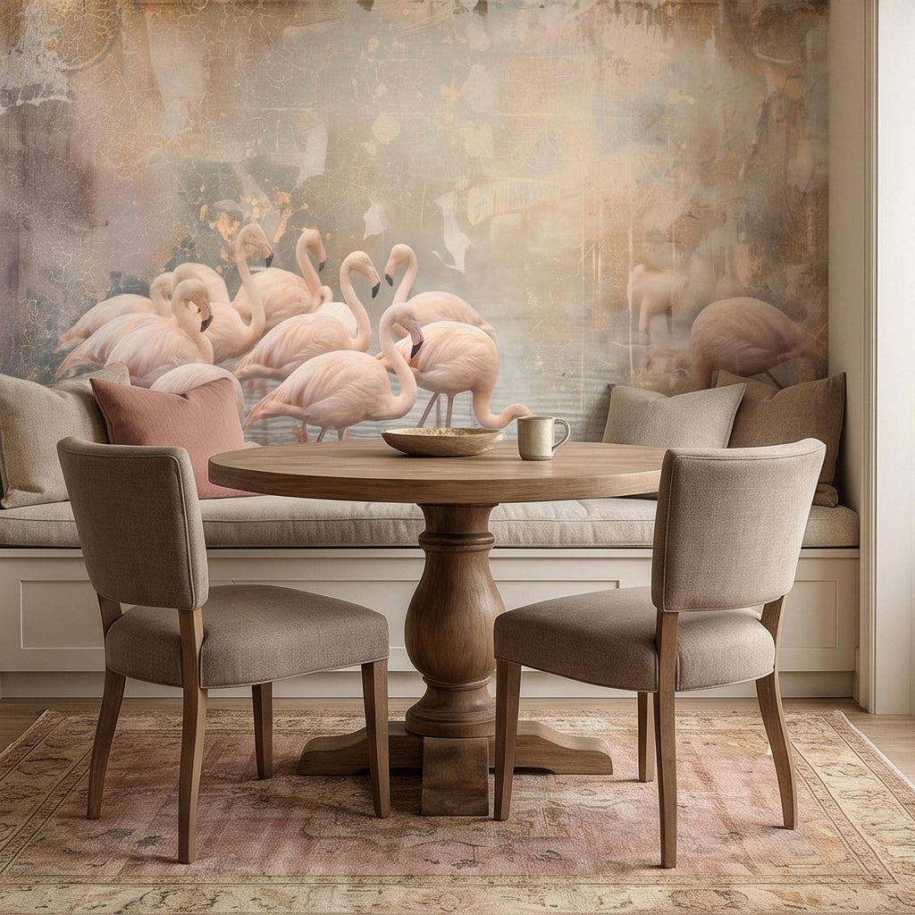 Pink Flamingo Flock Peel and Stick Wall Mural, Vintage Distressed Lagoon Birds on Water, Soft Blush Neutral Boho Coastal Chic Wallpaper