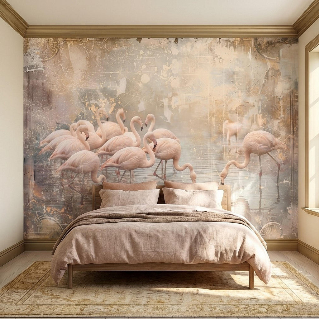Pink Flamingo Flock Peel and Stick Wall Mural, Vintage Distressed Lagoon Birds on Water, Soft Blush Neutral Boho Coastal Chic Wallpaper