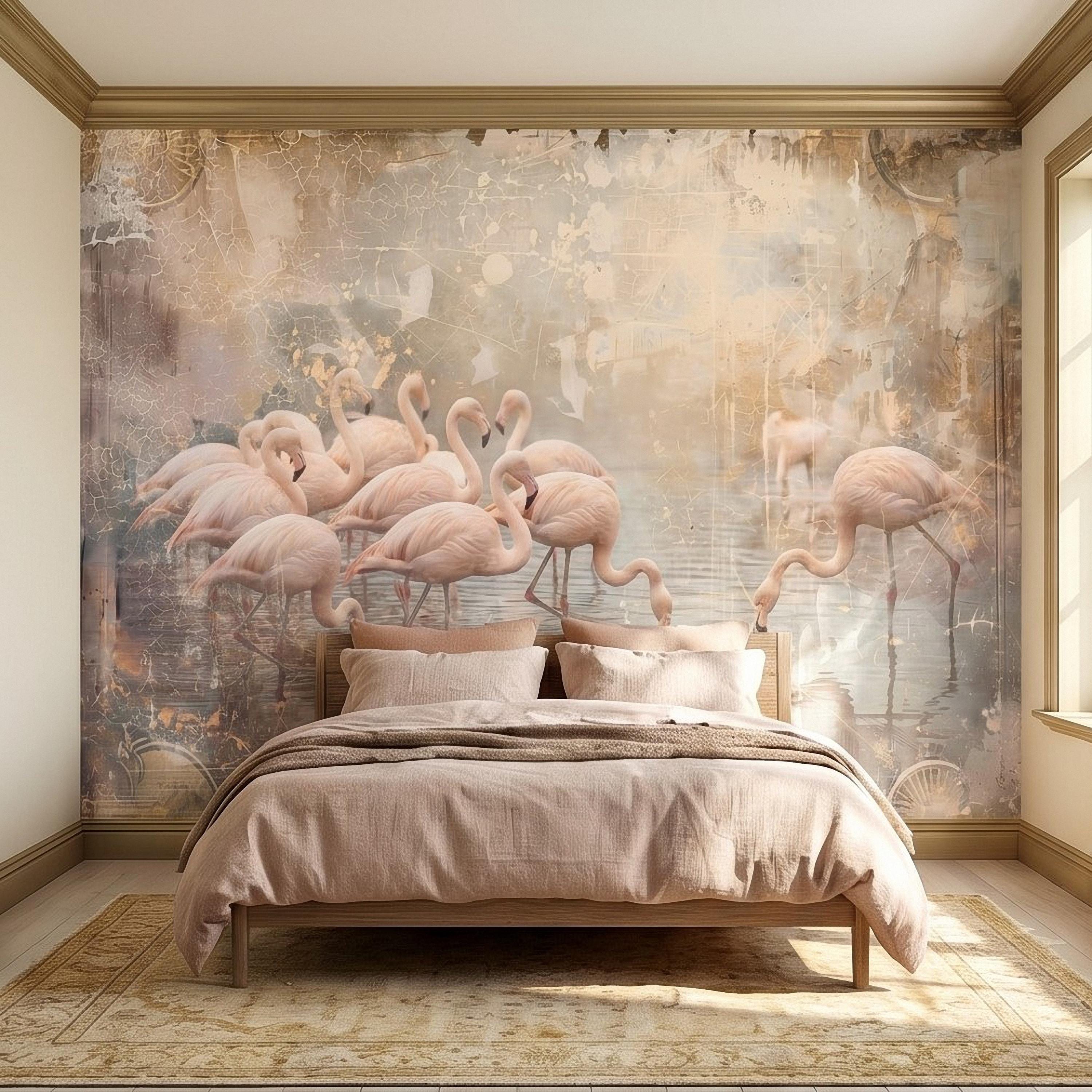 Pink Flamingo Flock Peel and Stick Wall Mural, Vintage Distressed Lagoon Birds on Water, Soft Blush Neutral Boho Coastal Chic Wallpaper