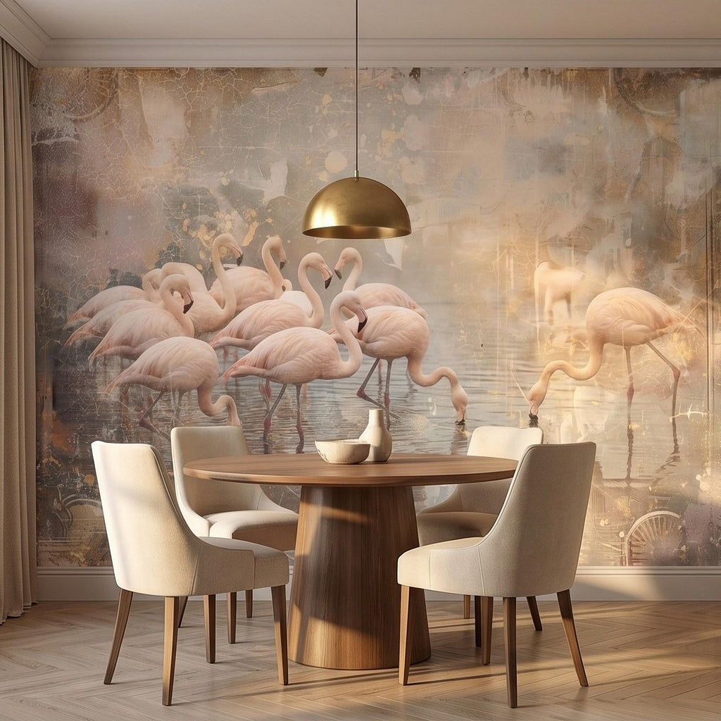 Pink Flamingo Flock Peel and Stick Wall Mural, Vintage Distressed Lagoon Birds on Water, Soft Blush Neutral Boho Coastal Chic Wallpaper
