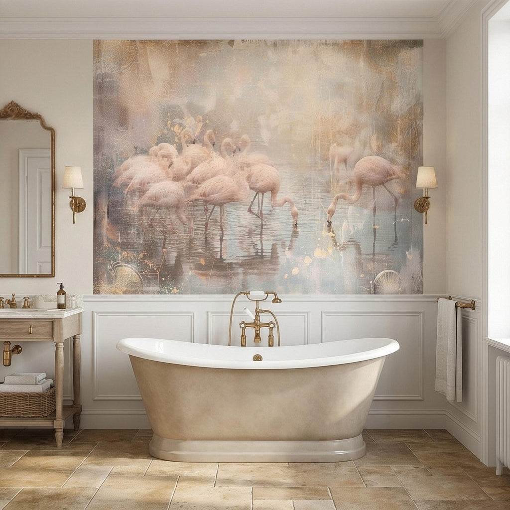 Pink Flamingo Flock Peel and Stick Wall Mural, Vintage Distressed Lagoon Birds on Water, Soft Blush Neutral Boho Coastal Chic Wallpaper