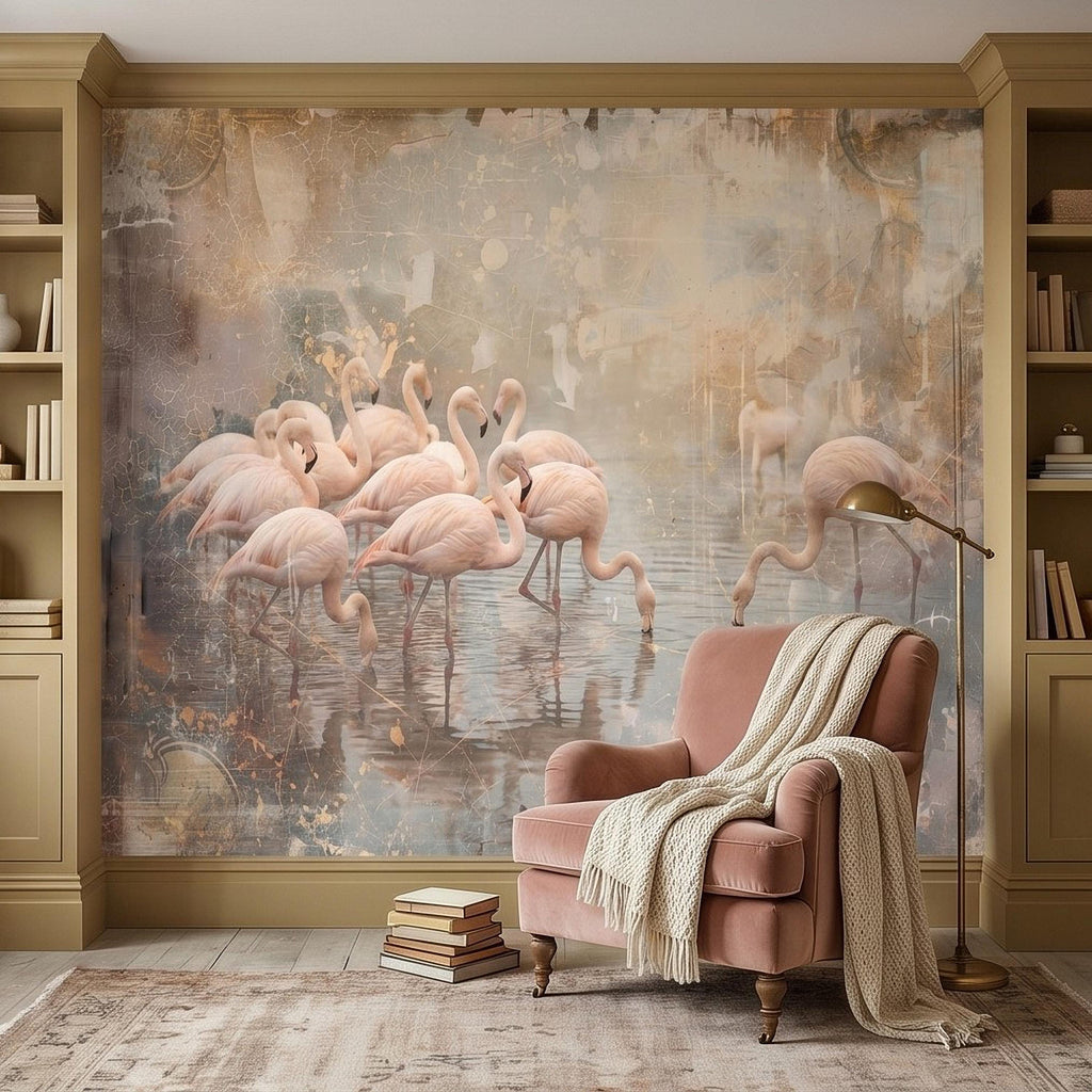 Pink Flamingo Flock Peel and Stick Wall Mural, Vintage Distressed Lagoon Birds on Water, Soft Blush Neutral Boho Coastal Chic Wallpaper