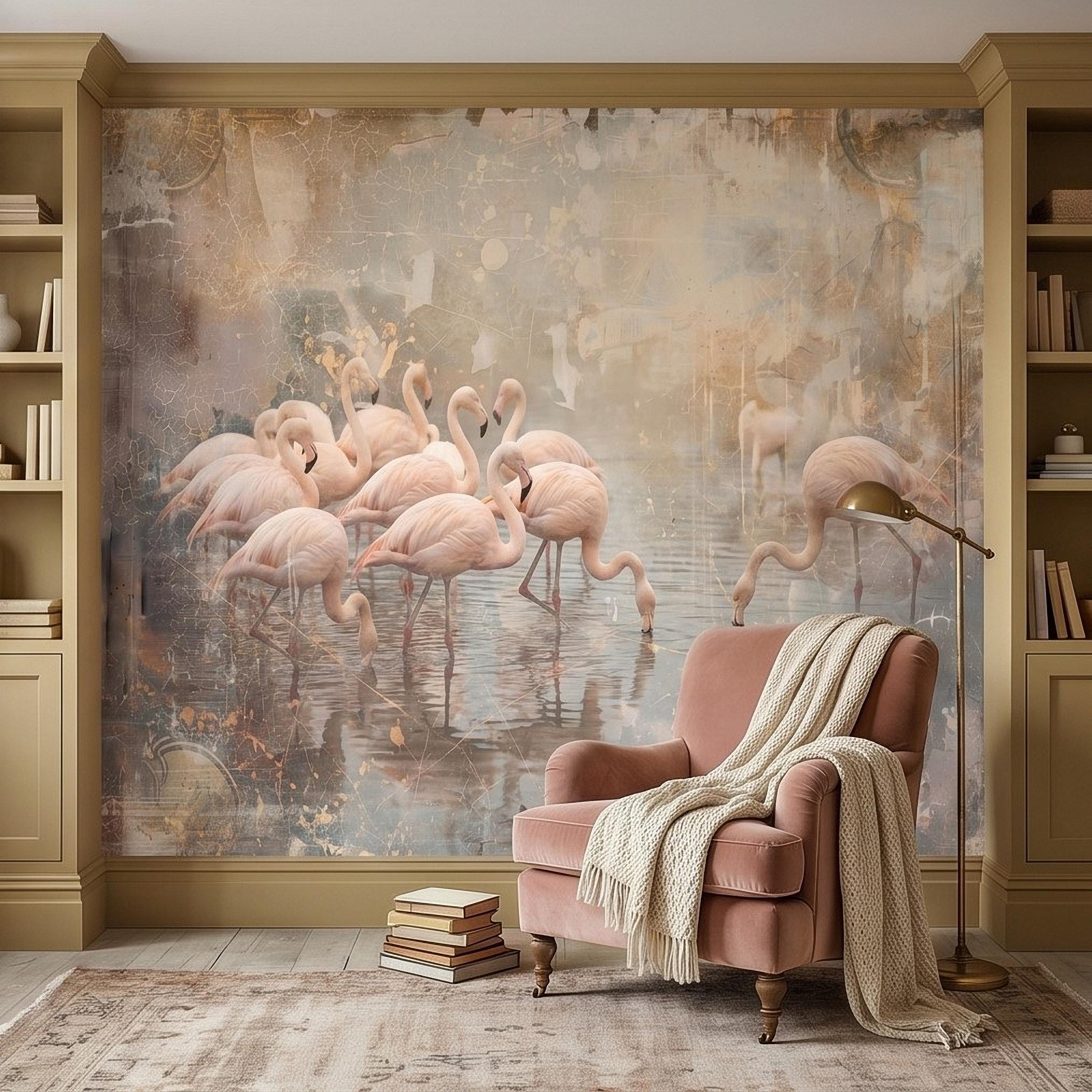 Pink Flamingo Flock Peel and Stick Wall Mural, Vintage Distressed Lagoon Birds on Water, Soft Blush Neutral Boho Coastal Chic Wallpaper