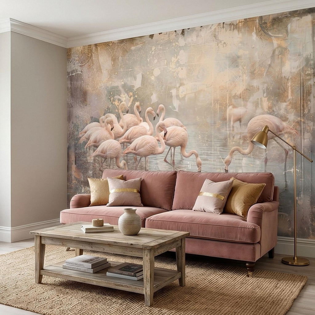 Pink Flamingo Flock Peel and Stick Wall Mural, Vintage Distressed Lagoon Birds on Water, Soft Blush Neutral Boho Coastal Chic Wallpaper