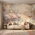 Pink Flamingo Flock Peel and Stick Wall Mural, Vintage Distressed Lagoon Birds on Water, Soft Blush Neutral Boho Coastal Chic Wallpaper