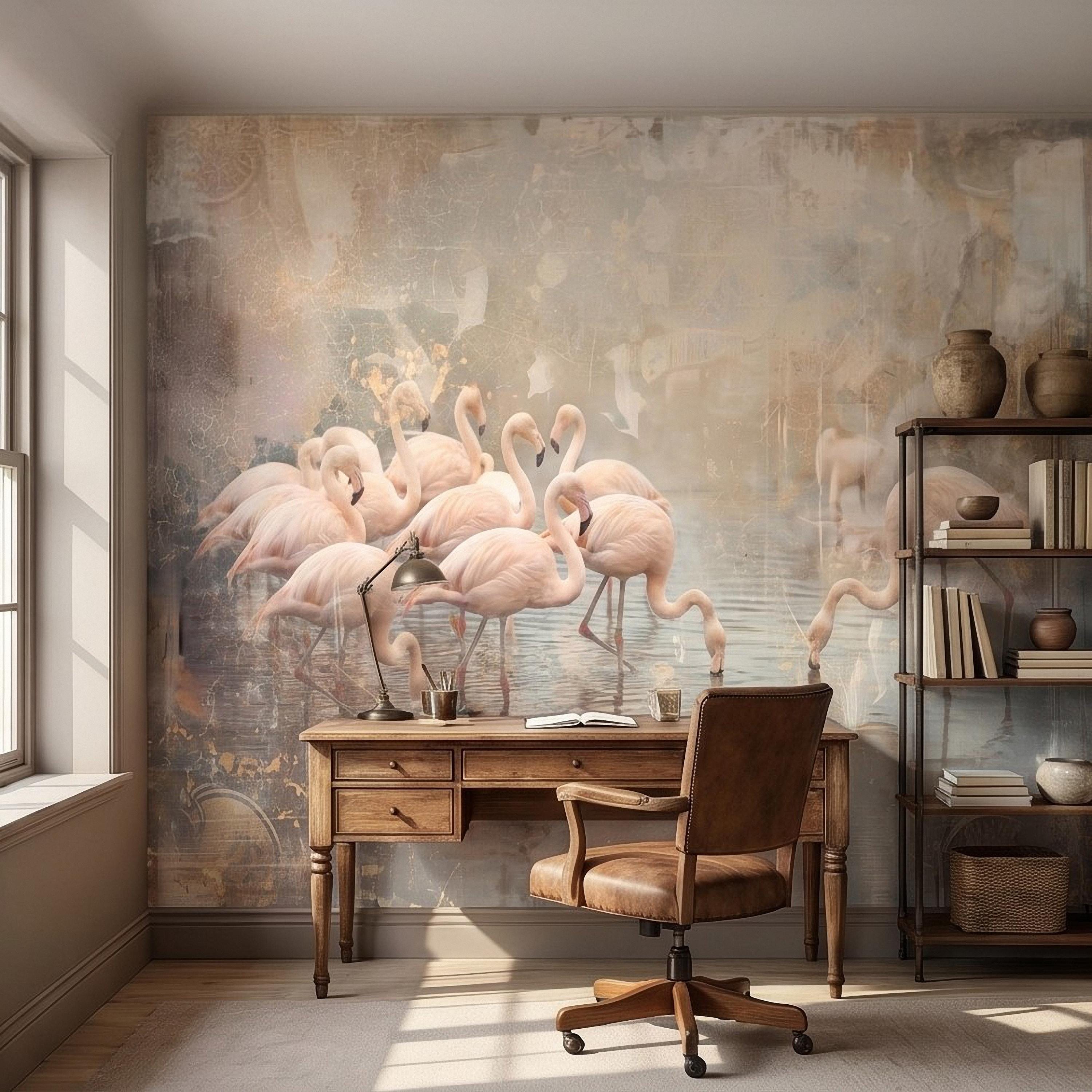Pink Flamingo Flock Peel and Stick Wall Mural, Vintage Distressed Lagoon Birds on Water, Soft Blush Neutral Boho Coastal Chic Wallpaper