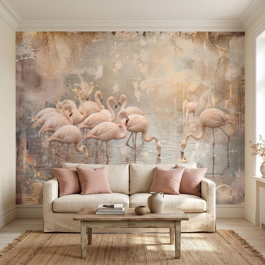 Pink Flamingo Flock Peel and Stick Wall Mural, Vintage Distressed Lagoon Birds on Water, Soft Blush Neutral Boho Coastal Chic Wallpaper