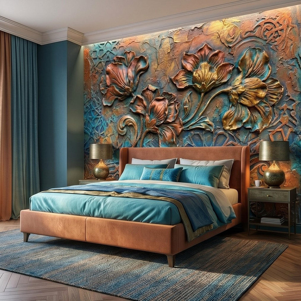 3D Floral Relief Peel and Stick Wall Mural, Copper Bronze Patina Flowers, Turquoise Moroccan Geometric Texture, Art Nouveau Boho Wallpaper