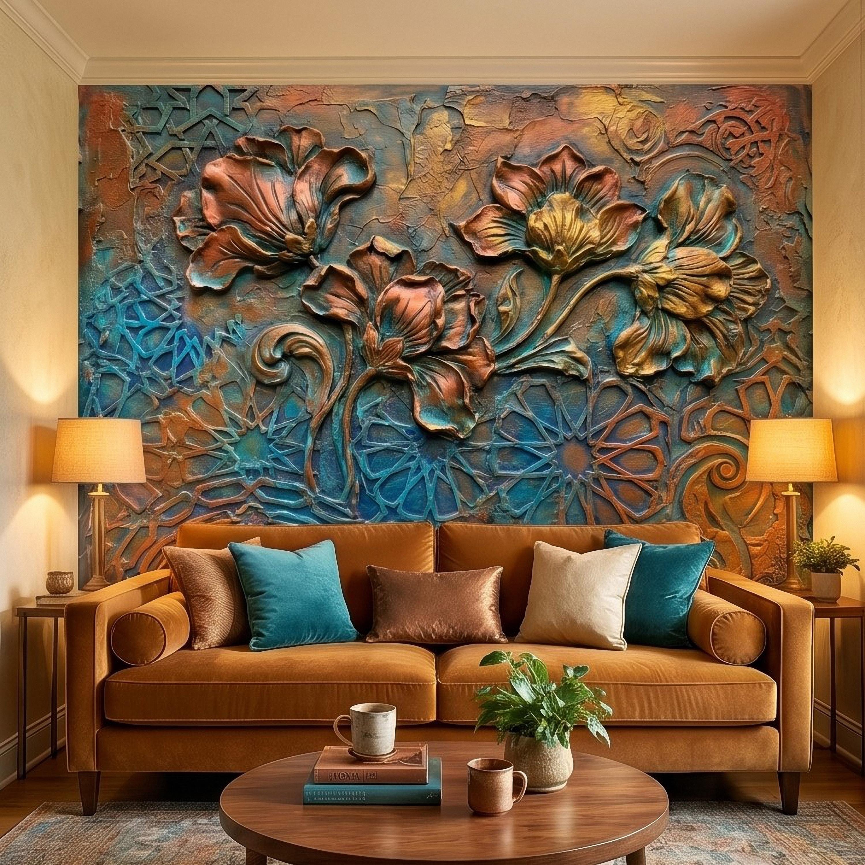 3D Floral Relief Peel and Stick Wall Mural, Copper Bronze Patina Flowers, Turquoise Moroccan Geometric Texture, Art Nouveau Boho Wallpaper