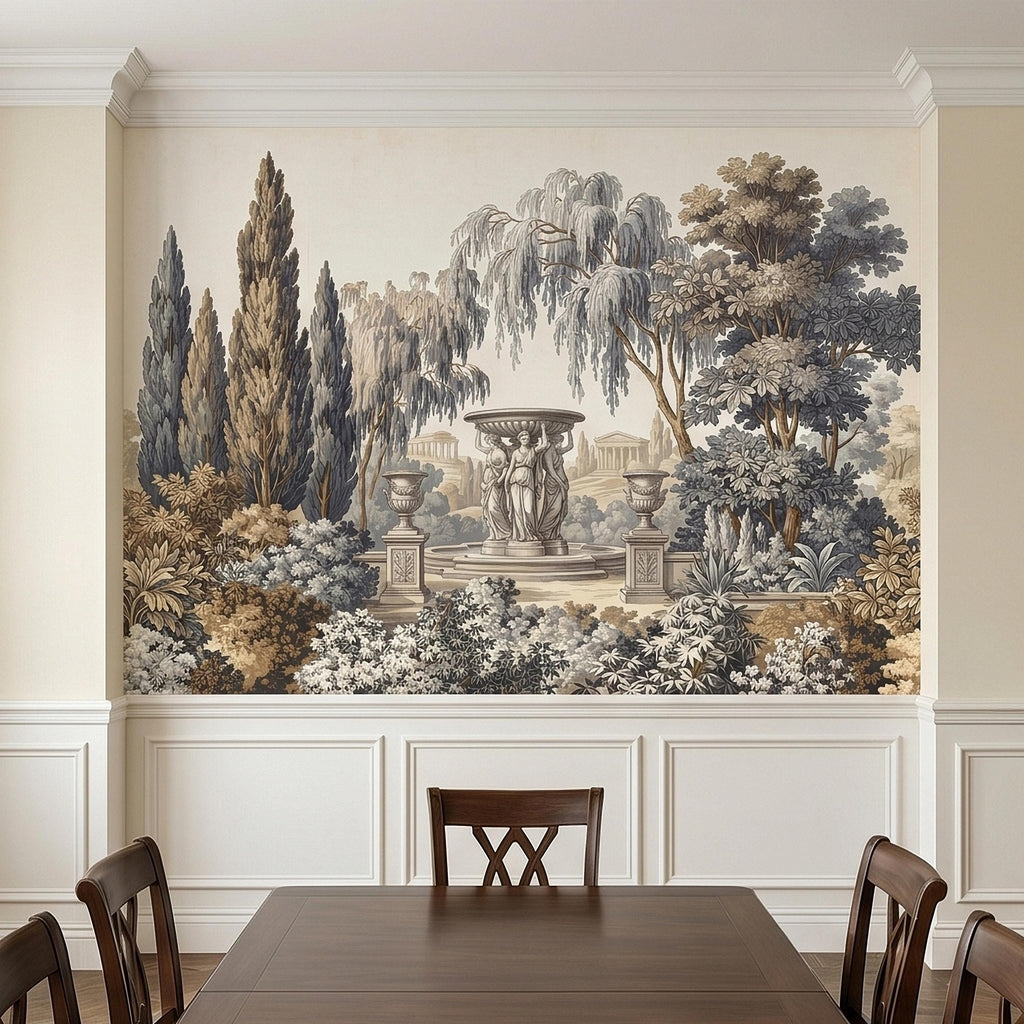 Vintage Scenic Garden Peel and Stick Wall Mural, Classical Fountain Statues, Cypress and Willow Trees, French Toile Neutral Beige Wallpaper