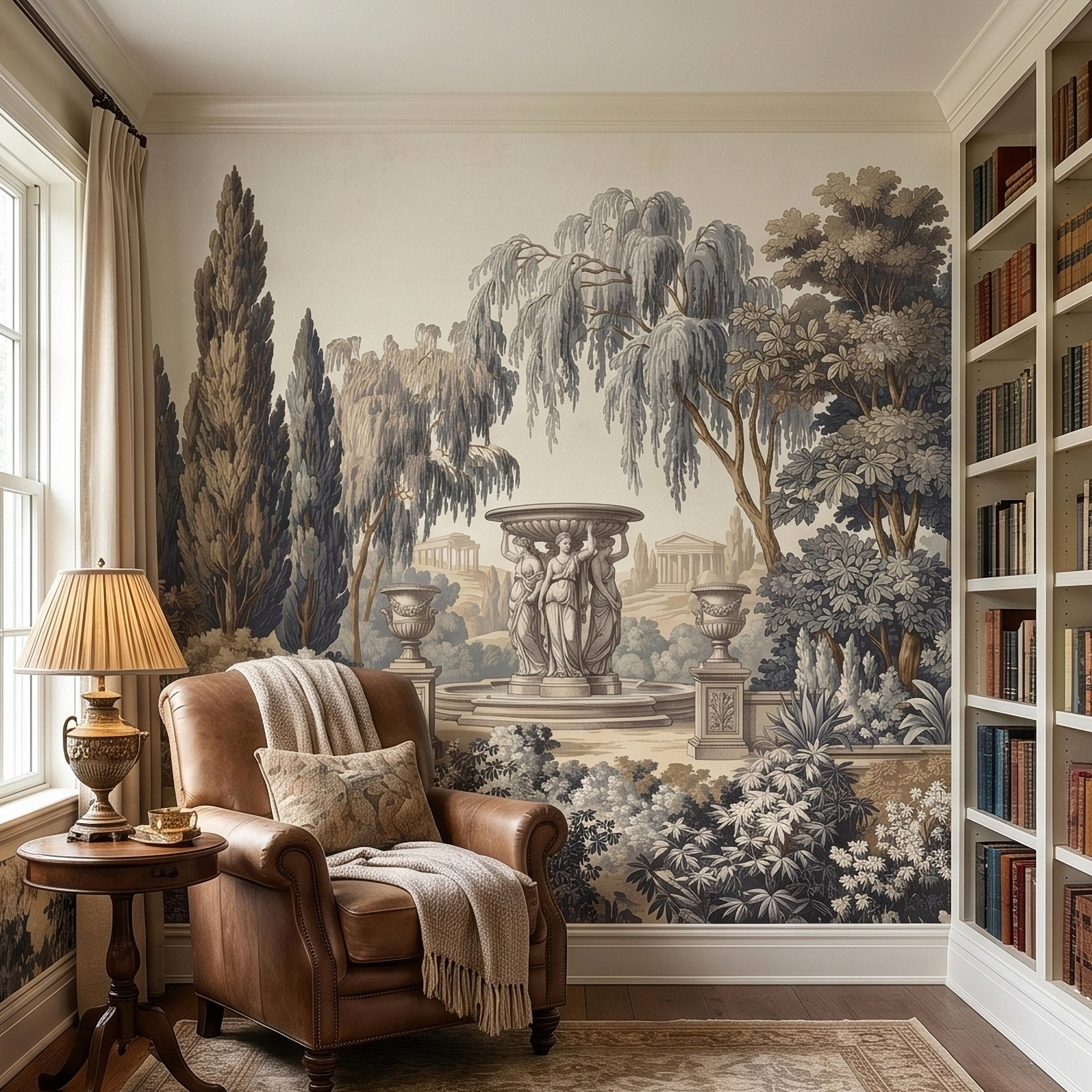 Vintage Scenic Garden Peel and Stick Wall Mural, Classical Fountain Statues, Cypress and Willow Trees, French Toile Neutral Beige Wallpaper