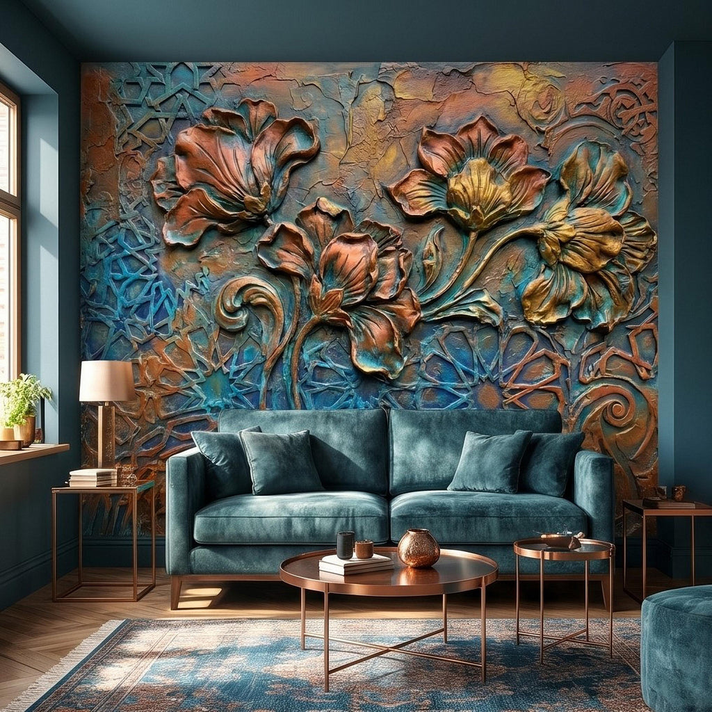 3D Floral Relief Peel and Stick Wall Mural, Copper Bronze Patina Flowers, Turquoise Moroccan Geometric Texture, Art Nouveau Boho Wallpaper